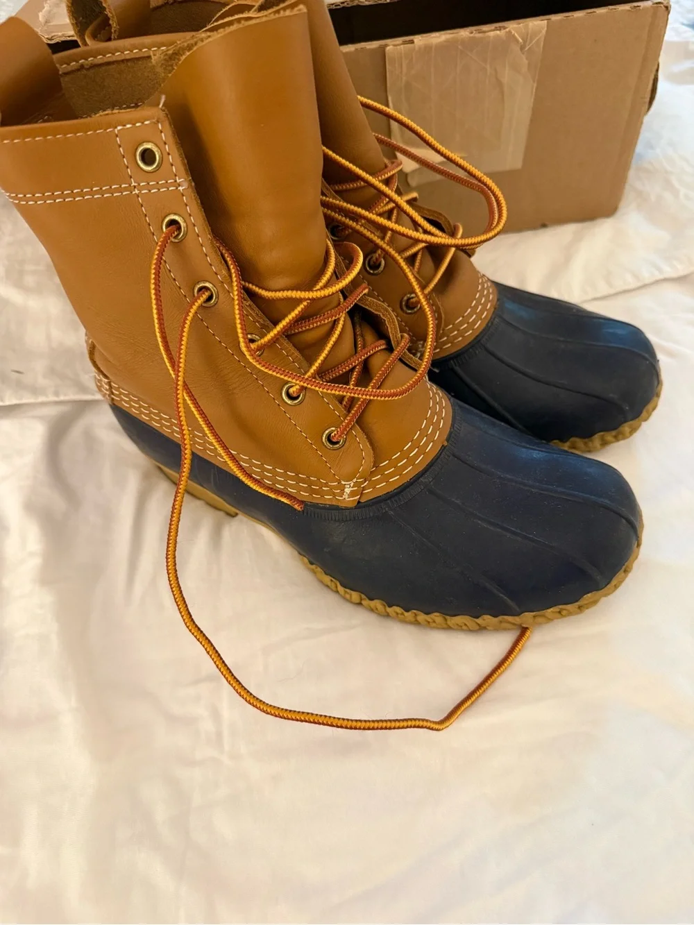 Classic Bean Boots - tan and navy duck boots in 8W